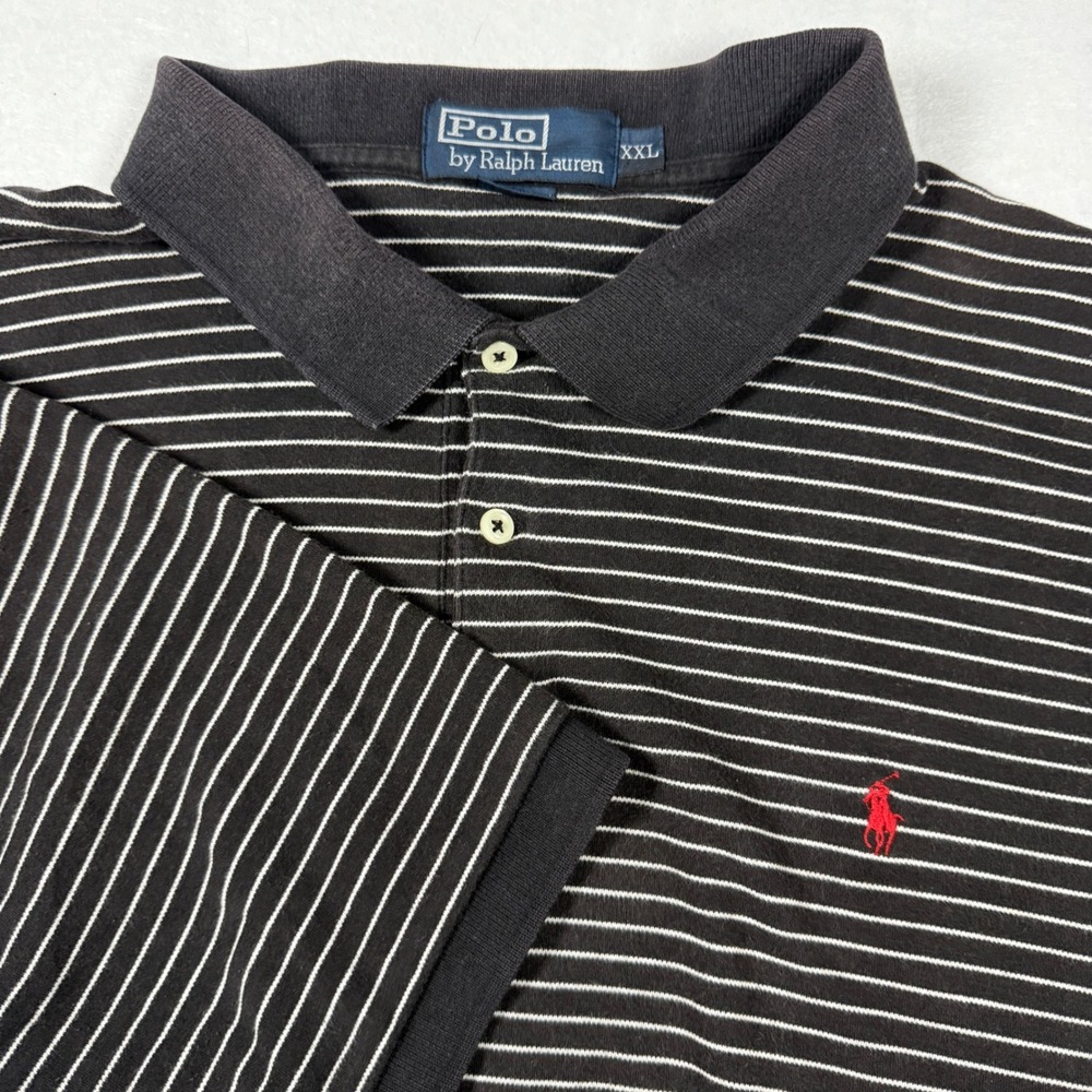 Polo Ralph Lauren Mens XXL Black White Striped Short Sleeve Polo Shirt Vintage
